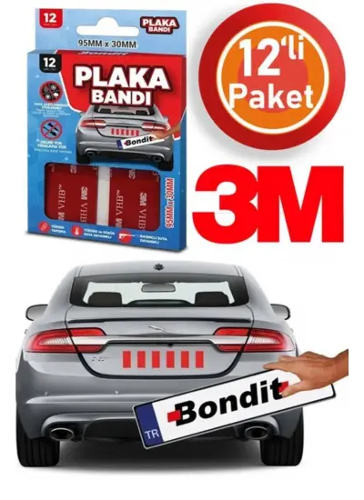 Bondit 3m Plakalık Yapıştırma Bandı Vhb Güçlü Çift Taraflı Bant Plaka Bandı 12 Adet