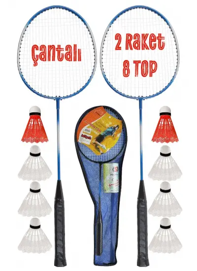 11 Parça Çantalı Set Badminton Raketi Seti 2 Raket + 8 Top + Çanta Amatör Çocuk-Genç Raket Top Seti