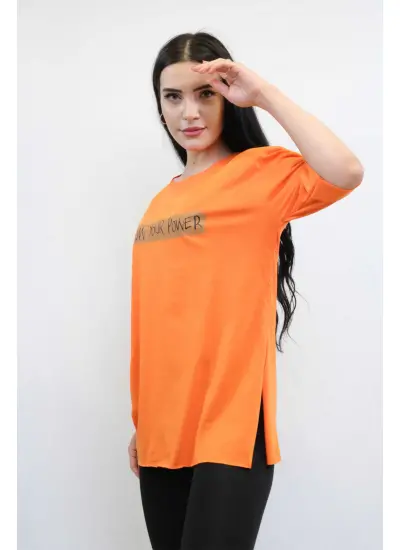 Moda Çizgi Bisiklet Yaka Oversize Tshirt Turuncu