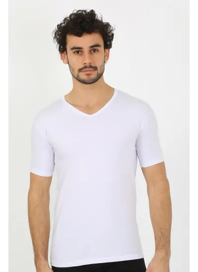 Erkek Likralı V Yaka Beyaz T-Shirt 65700