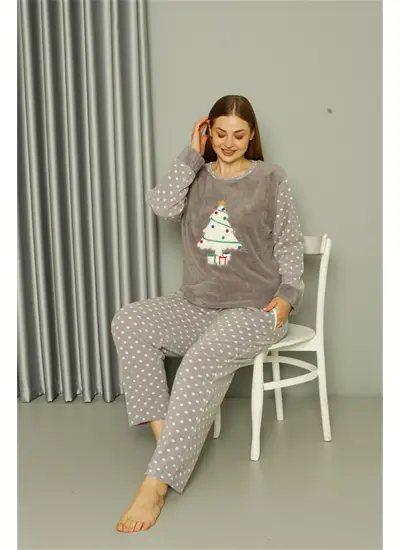 Moda Çizgi Welsoft Polar Kadın Büyük Beden Gri Pijama Takımı 808048