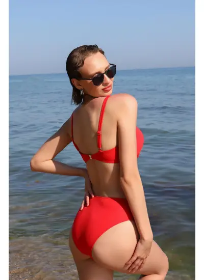 Moda Çizgi Kadın İçi Boş Fiyonklu Kaplı Alt Üst Bikini Takım Kırmızı 35011