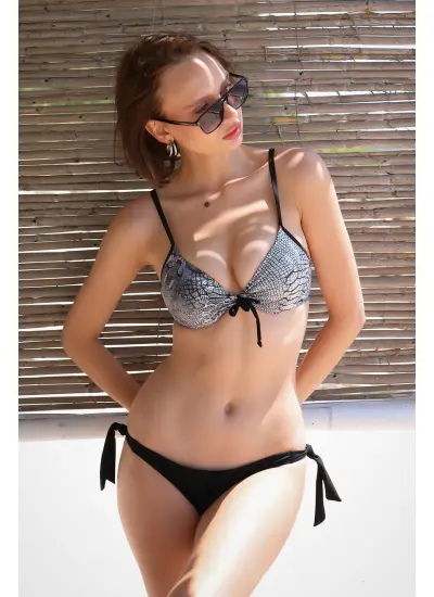 Moda Çizgi Kadın Yandan Bağlamalı Yarım Destekli Fiyonklu Alt Üst Bikini Takım Gri 35014