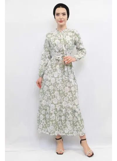 Moda Çizgi Çiçek Desenli  Pileli Elbise Mint