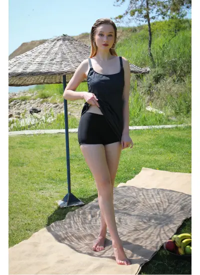 Moda Çizgi Kadın Şortlu Tankini Elbise Mayo Füme 36001