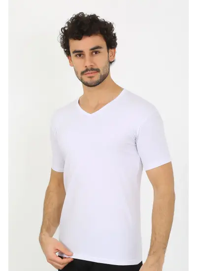 moda çizgi Erkek Likralı V Yaka Beyaz T-Shirt 65700