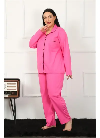 Kadın Büyük Beden Önden Düğmeli Fuşya Pijama Takım 202185