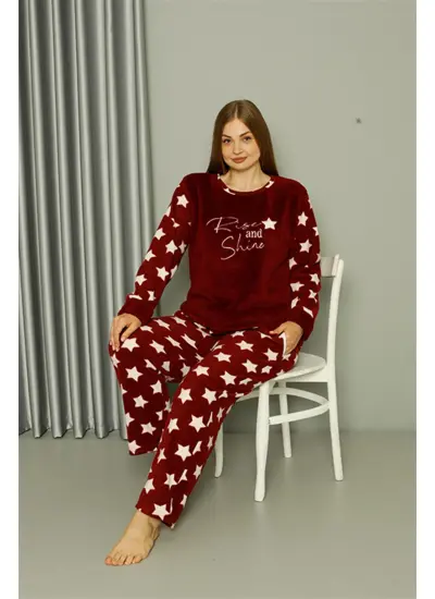 Welsoft Polar Kadın Büyük Beden Bordo Pijama Takımı 808042