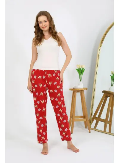 Moda Çizgi Kadın Penye Desenli Tek Alt Pijama 27530 Bordo