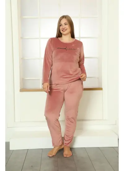 Moda Çizgi Büyük Beden Kadın Kadife Pijama Takım 9072