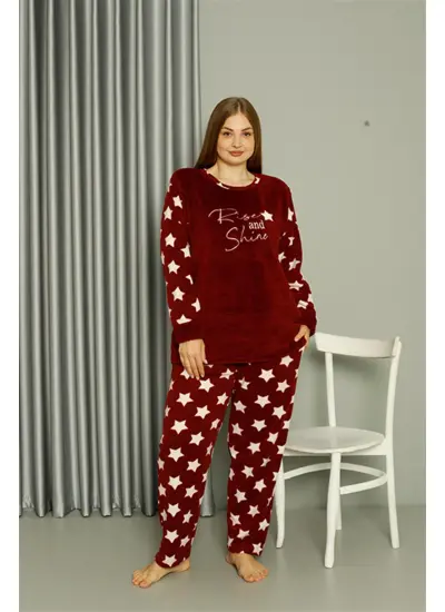 Welsoft Polar Kadın Büyük Beden Bordo Pijama Takımı 808042