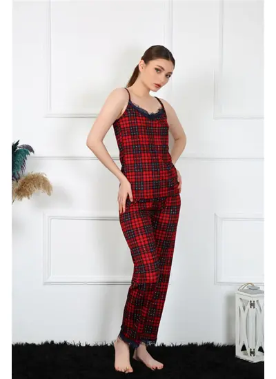 Kadın İp Askılı Kırmızı Ekoseli Pijama Takım 4135