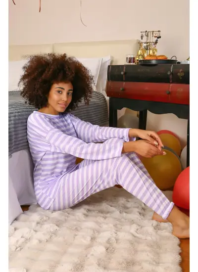 Moda Çizgi Kadın Uzun Kol Penye Pijama Takım 4175