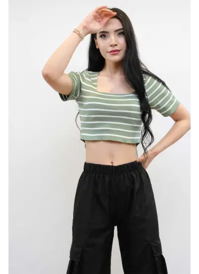 Moda Çizgi Triko Crop Çizgili Mint