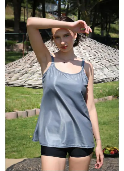 Moda Çizgi Kadın Şortlu Tankini Elbise Mayo Gri 36001