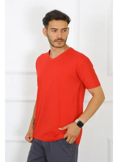 Moda Çizgi Erkek Kırmızı %100 Pamuklu T-Shirt 27486