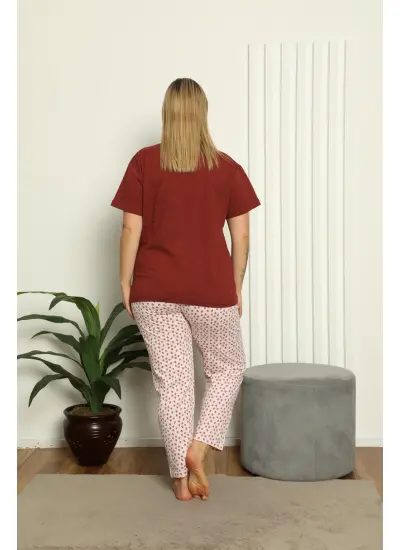 Moda Çizgi Kadın %100 Pamuk Kısa Kol Büyük Beden Pijama Takım 202147