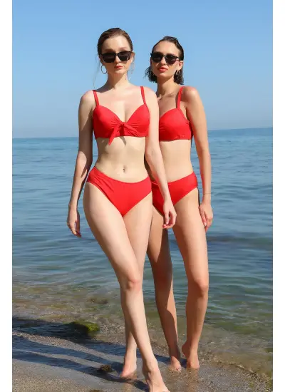 Moda Çizgi Kadın İçi Boş Fiyonklu Kaplı Alt Üst Bikini Takım Kırmızı 35011