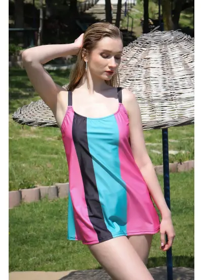 Moda Çizgi Kadın Şortlu Tankini Elbise Mayo Pembe 36001