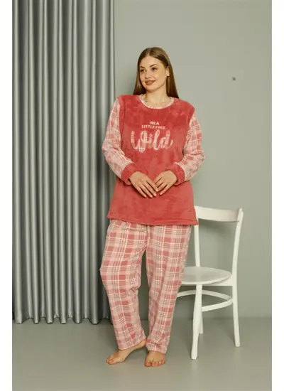 Moda Çizgi Welsoft Polar Kadın Büyük Beden Pudra Pijama Takımı 808040