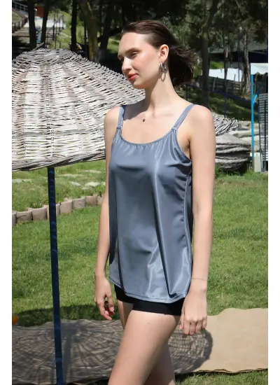 Moda Çizgi Kadın Şortlu Tankini Elbise Mayo Gri 36001