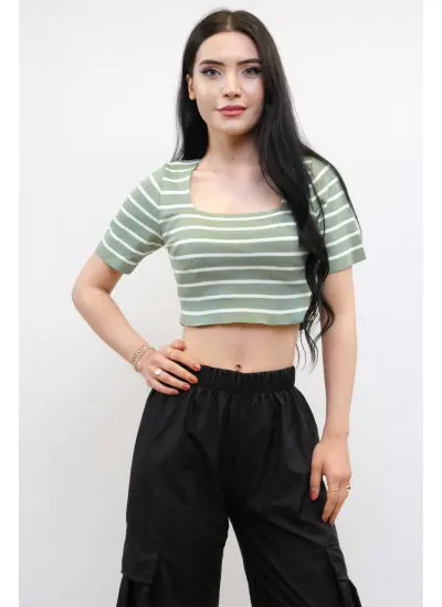 Moda Çizgi Triko Crop Çizgili Mint