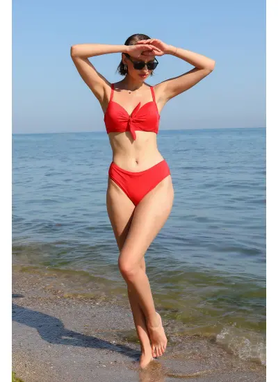 Kadın İçi Boş Fiyonklu Kaplı Alt Üst Bikini Takım Kırmızı 35011