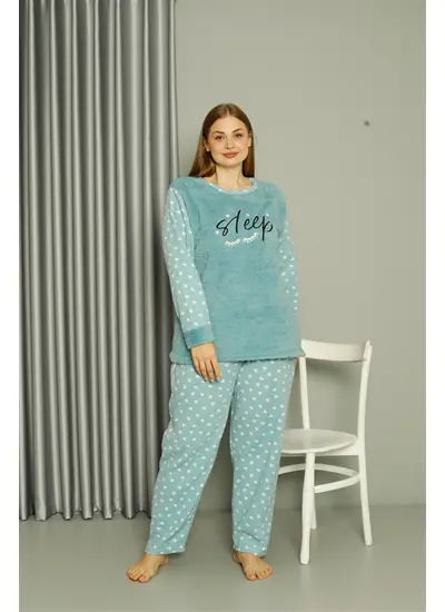 Welsoft Polar Kadın Büyük Beden Su Yeşili Pijama Takımı 808046