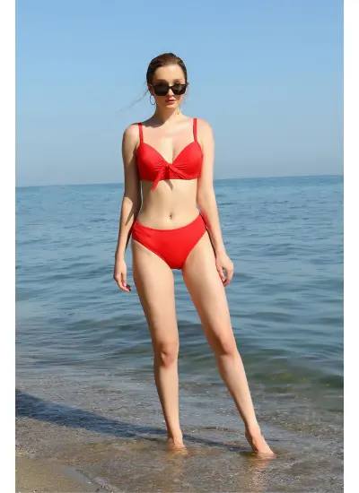 Moda Çizgi Kadın İçi Boş Fiyonklu Kaplı Alt Üst Bikini Takım Kırmızı 35011