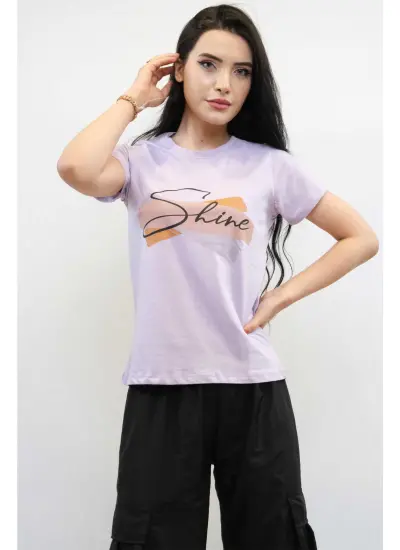 Moda Çizgi Shine Baskılı Tshirt Lila