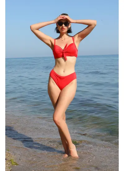 Kadın İçi Boş Fiyonklu Kaplı Alt Üst Bikini Takım Kırmızı 35011