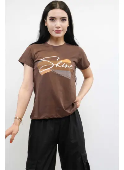 Moda Çizgi Shine Baskılı Tshirt Kahve