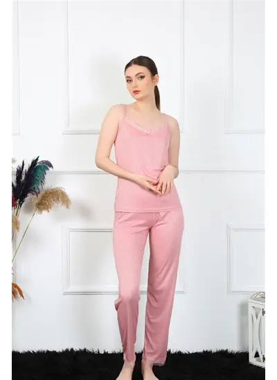 Moda Çizgi Kadın İp Askılı Somon Pijama Takım 4136