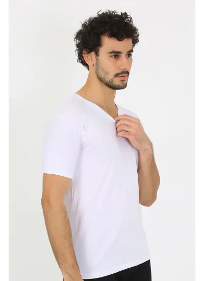 Erkek Likralı V Yaka Beyaz T-Shirt 65700