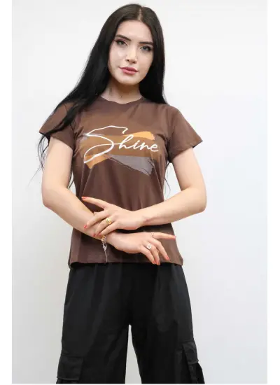 Moda Çizgi Shine Baskılı Tshirt Kahve