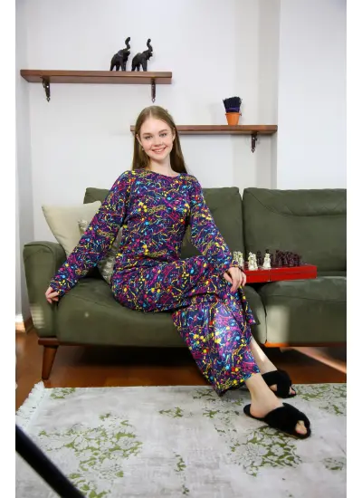 Moda Çizgi Kadın Penye Bol Paça Pijama Takım 4120