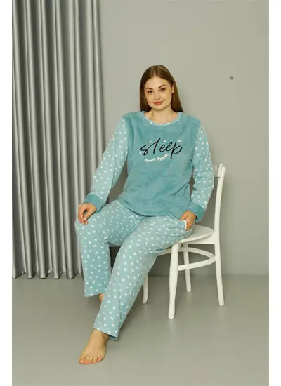 Moda Çizgi Welsoft Polar Kadın Büyük Beden Su Yeşili Pijama Takımı 808046