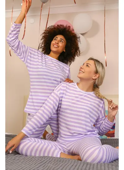 Moda Çizgi Kadın Uzun Kol Penye Pijama Takım 4175