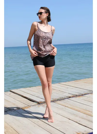 Moda Çizgi Kadın Şortlu Tankini Elbise Mayo Kahve 36001