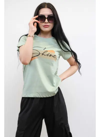 Moda Çizgi Shine Baskılı Tshirt Mint