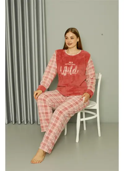 Moda Çizgi Welsoft Polar Kadın Büyük Beden Pudra Pijama Takımı 808040