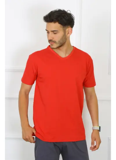 Moda Çizgi Erkek Kırmızı %100 Pamuklu T-Shirt 27486