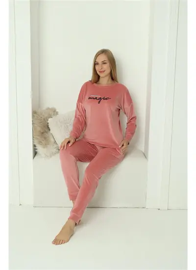 Moda Çizgi Kadın Kadife Pembe Pijama Takım 20624