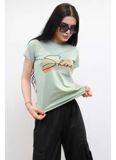 Moda Çizgi Shine Baskılı Tshirt Mint