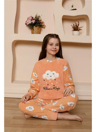 Kız Çocuk WelSoft Polar Turuncu Pijama Takımı 20527