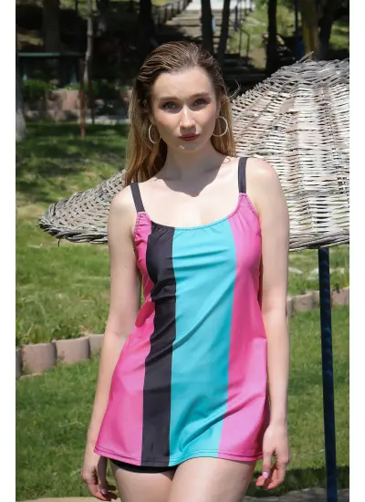 Moda Çizgi Kadın Şortlu Tankini Elbise Mayo Pembe 36001