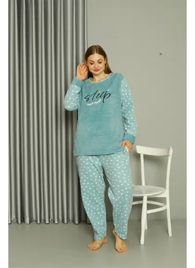 Welsoft Polar Kadın Büyük Beden Su Yeşili Pijama Takımı 808046