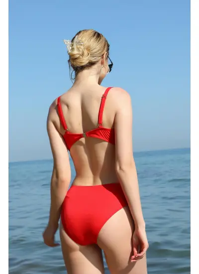 Moda Çizgi Kadın İçi Boş Fiyonklu Kaplı Alt Üst Bikini Takım Kırmızı 35011