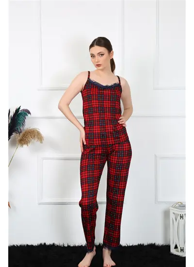 Kadın İp Askılı Kırmızı Ekoseli Pijama Takım 4135