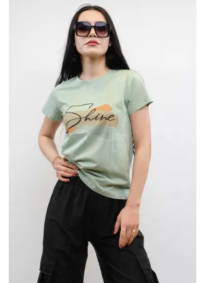 Moda Çizgi Shine Baskılı Tshirt Mint